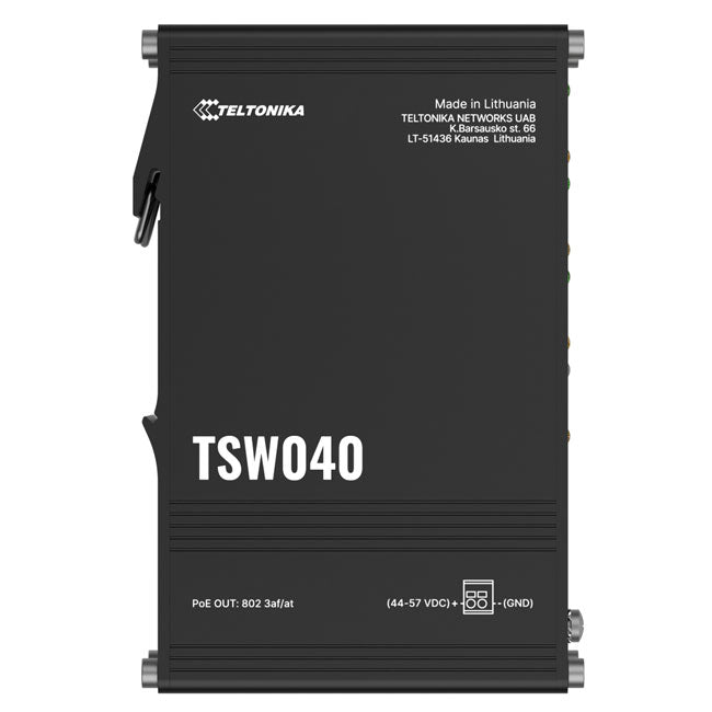 Teltonika TSW040 - 8-port PoE+ Switch (7-57 VDC, or 44-57 VDC for PoE-out) Integrated DIN Rail Bracket - 10/100 Mbps, support