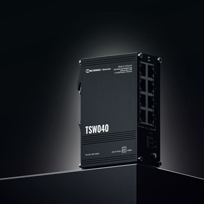 Teltonika TSW040 - 8-port PoE+ Switch (7-57 VDC, or 44-57 VDC for PoE-out) Integrated DIN Rail Bracket - 10/100 Mbps, support (3)