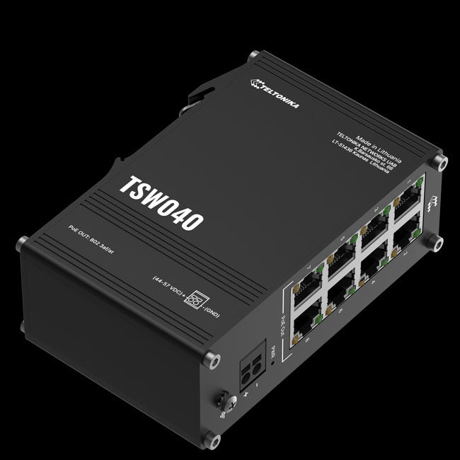 Teltonika TSW040 - 8-port PoE+ Switch (7-57 VDC, or 44-57 VDC for PoE-out) Integrated DIN Rail Bracket - 10/100 Mbps, support (2)